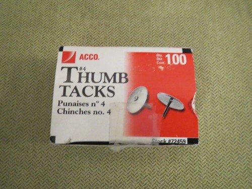 90 Count, Acco Thumb Tacks No. 4, 1/2 inch Head, Chrome Silver, USED