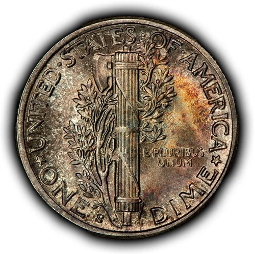 1943-S 10c Mercury Silver Dime - Colorful Original Toning - BU - SKU-Z6483