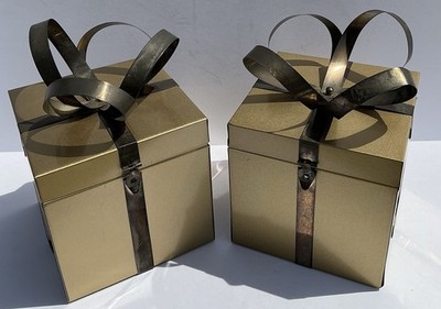 Set of 2 Gold Metal Gift Box Containers w/Ribbon Bow Lids 