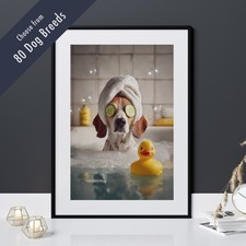 Funny Dog in Bath Print – Quirky Pet Lover Gift Bathroom Wall Art – 80 Breeds