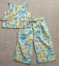 2pc Hanna Andersson Floral Top Pants Set Aqua Lime White Size 2t 85 Cm