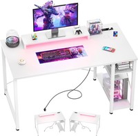 Gaming Tisch 100X50Cm Weiß Mit LED 2 Steckdosen 2 USB MonitorstäNder Homeoffice