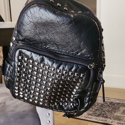 Black Studded Backpack Handbag with Zipper Accents for Women