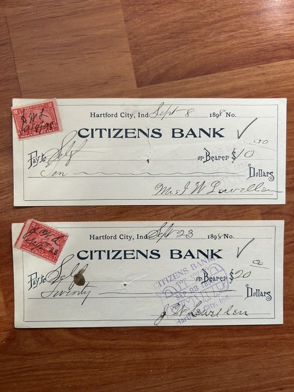 United States 1898 Two Old " Citizens Bank ". Hartford City, Indiana Bank Checks