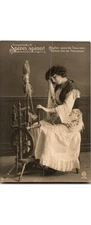 Spinn spinn! Woman Spinning Wheel Postcard c1900s Germany Domestic Life Genre