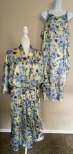 Vintage 80s Lingerie Peignoir Set Nightgown Robe Yellow Blue Floral Satin SZ 1X