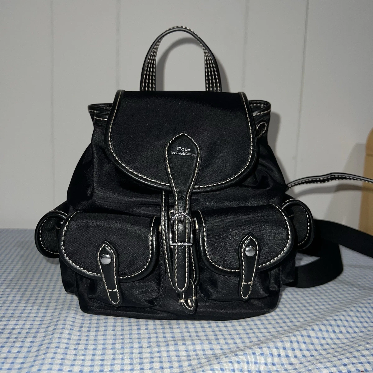Ralph Lauren Vintage Leather Nylon Buckle Strap Black Mini Backpack Festival Bag Vintage Polo Sport Ralph Lauren Mini Backpack Writing Logo  main image 3