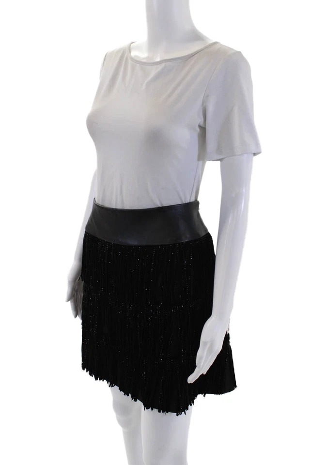 DKNY Womens Faux Leather Beaded Fringe Mini Skirt Black Size 12 - Image 2 of 4
