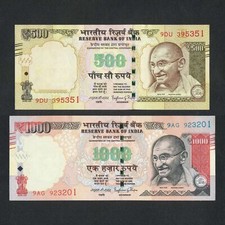 INDIA (JUEGO DE 2) BILLETE DE 500 + 1000 RUPIAS, EMISIÓN ANTIGUA, SIN CIRCULAR