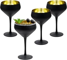 13.5 Ounce Black and Gold Champagne Coupe Glasses, Wine Drinking Glass, Set of 4