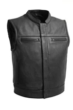 Men's Classic Black Leather Motorcycle Vest with Zippered Pocket