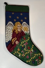 CHRISTMAS NEEDLEPOINT STOCKING ANGEL PUTTING STAR ON TREE