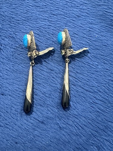 Sajen Sterling Silver 925 Turquoise, Peridot And Black Onyx Dangle Earrings, 2.5 - Picture 2 of 12