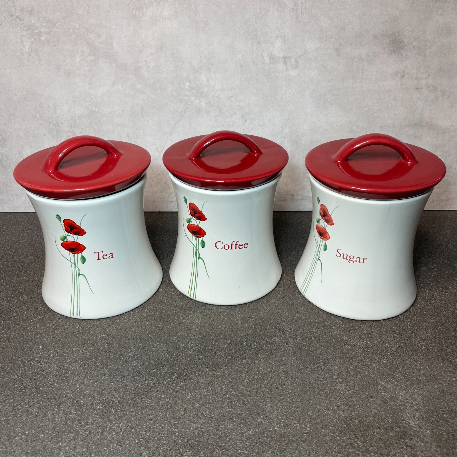 Dunelm Tea Coffee Sugar Storage Jars Canisters & Poppy Design Ceramic Waisted