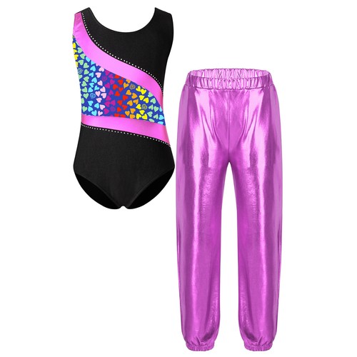 Kids Girl's Sports Suit Competition Leotard With Elastic Waistband Pants Active - Picture 39 of 97