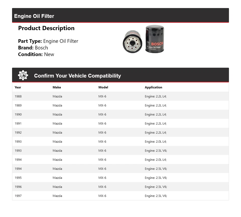 Filtro de aceite premium Bosch 1989 1990 1991 1992 1993 1994 para Mazda MX-6 1988-1997 Foto 2 de 3