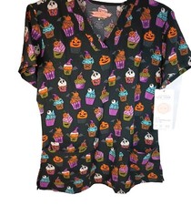Black Glittered Cupcake Halloween  Scrub Top M eliteMed New