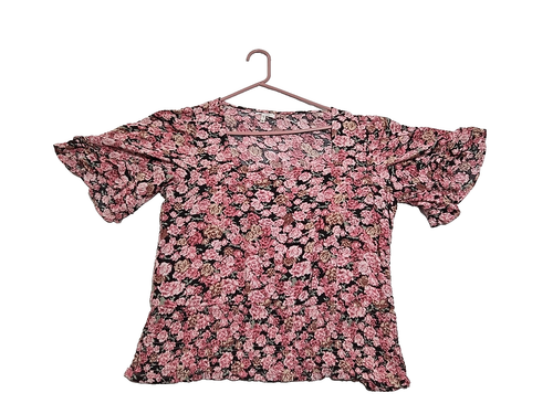 Maurices Short Sleeve Top Square Neck Elastic Hem Black Pink Floral Womens XL - Picture 8 of 12
