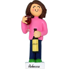 Personalized Christmas Ornament - Brunette Female Enjoying Wine