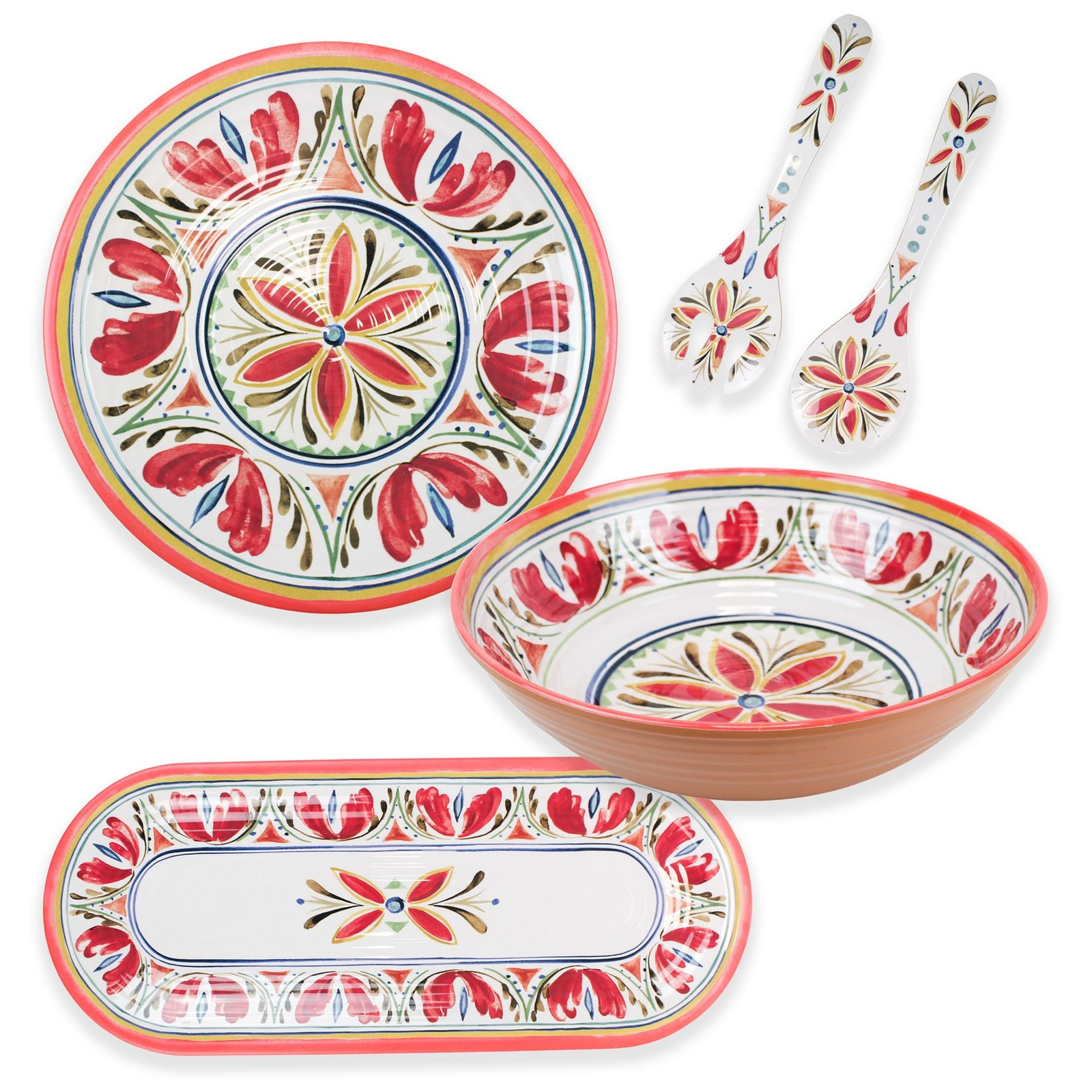 Purely Home Mediterranean Melamine Bowl, Oval Tray, Round Platter & Servers Set