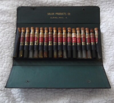 Vtg Antique  Solarene Motor Oil Cleveland Ohio Salesman Sample Case Glass Vials