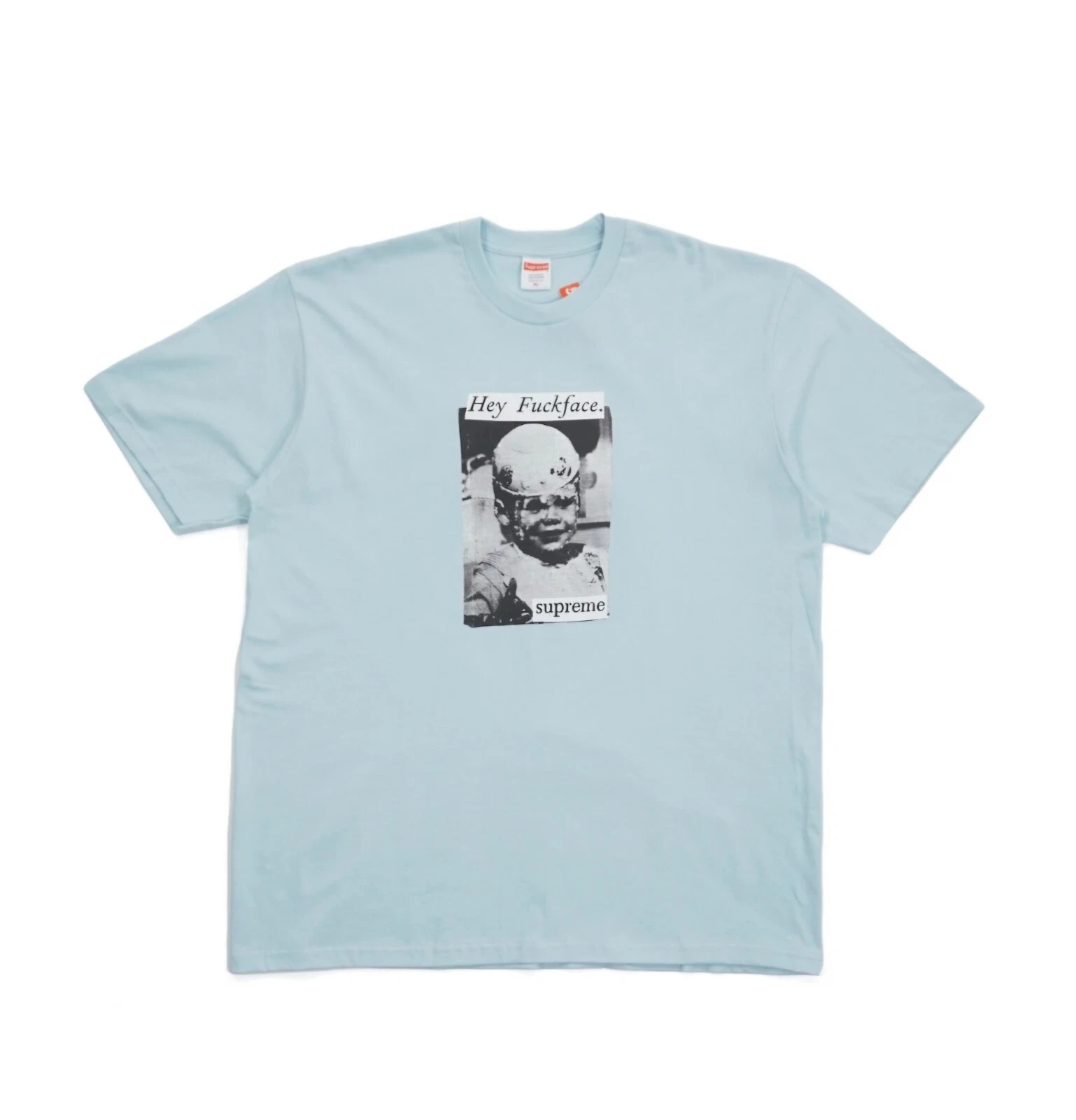 T shirt Supreme Hey Fuckface bleu pâle SS18 taille M DS neuf en plastique 2018