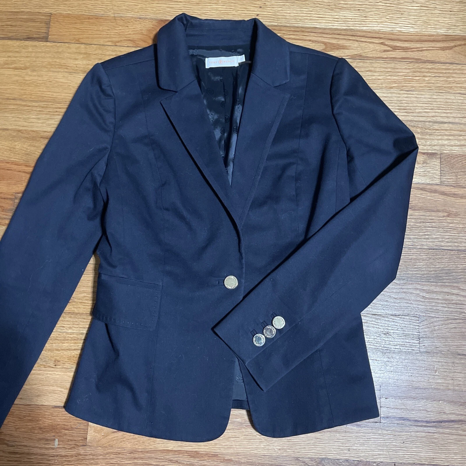 Giacca blazer Tory Burch misto cotone blu navy con bottoni in oro taglia 4 svasatura posteriore