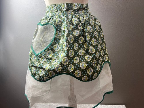 Vintage White Organdy and Green Flowers Fabric Half Apron 2 Pockets Reversible - Picture 3 of 16