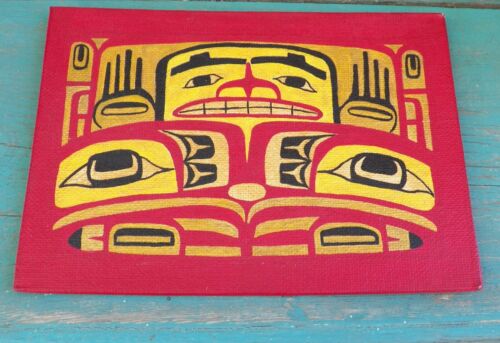 Vibrant Original Red Gold Black Northwest Coast Bear Painting 5 x 7 Canvas Panel - Picture 1 of 2