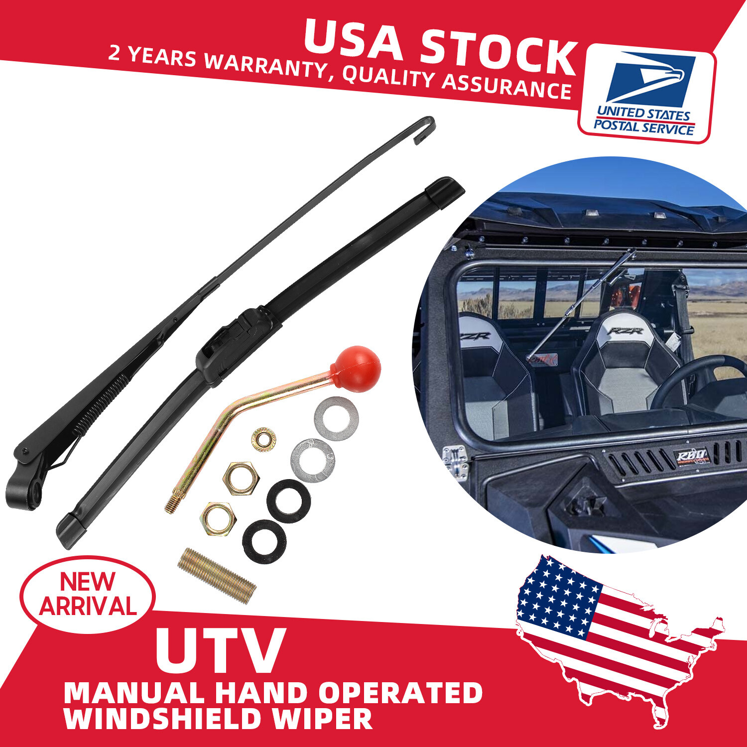 UTV Manual Hand Operated Windshield Wiper Kit for Polaris RZR Kawasaki Models
