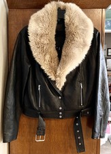 Paige Leather Fur Collar Bomber Style Belted Medium Women’s Jacket W/ Pattern