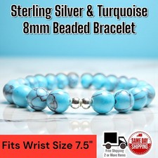 925 Sterling Silver Turquoise 8mm Beaded Bracelet Natural Healing Crystal 7.5