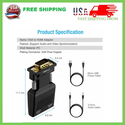 VGA To HDMI Adapter Full HD 1080P Audio Video Converter Laptop PC To TV HDTV LOT