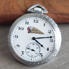 1923 Elgin Antique Pocket Watch w/ Indian Motorcycles Logo, Size 12 Case, Clean