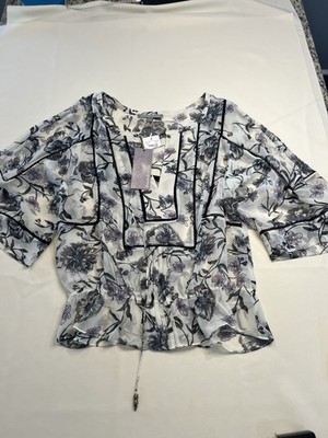 DANIEL RAINN Floral Print Tie Neck Drop Waist Blouse Top Size M