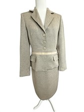 Kasper 2 Pc Skirt Suit Size 4 Beige Tweed Suede Trim Career Blazer Pencil Set