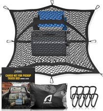 Stretchable 4x4 to 7x7 ft double-layer nylon cargo net with 8 metal carabiners