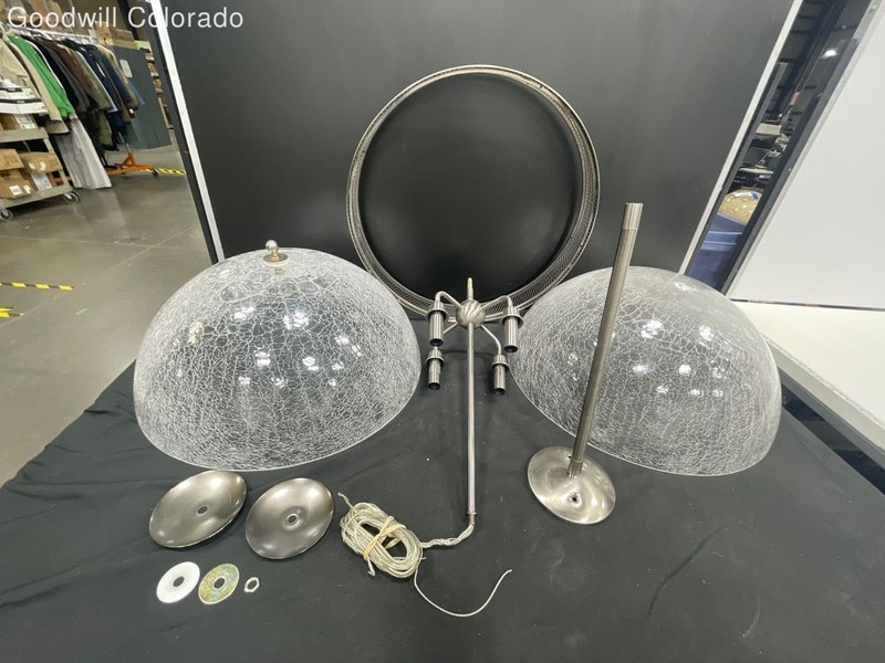 Ceiling Light Fixture Set Glass Dome Shade Crackle Pattern Silver Tone Parts 