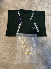 Image of Fred Perry Polo Shirt, Green And White Striped Size Medium