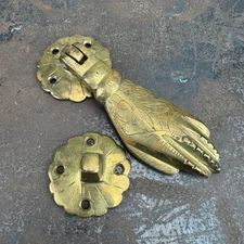 Vtg HAND Brass Door Knocker w/ Strike Plate - 6"
