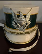 Vintage Marching Band Shako Master White/Green Flat Top Hat Size Medium