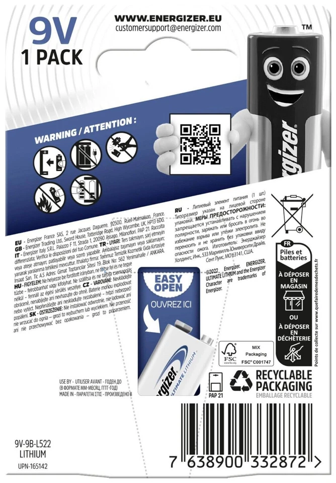ENERGIZER 9V ULTIMATE LITHIUM BATTERIES L522 9B E BLOCK EXP 2033 NEW - Image 2 of 2