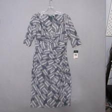 Lauren Ralph Lauren Dress 8 Grey Geometric Faux Wrap Ruched Sheath Career NWT