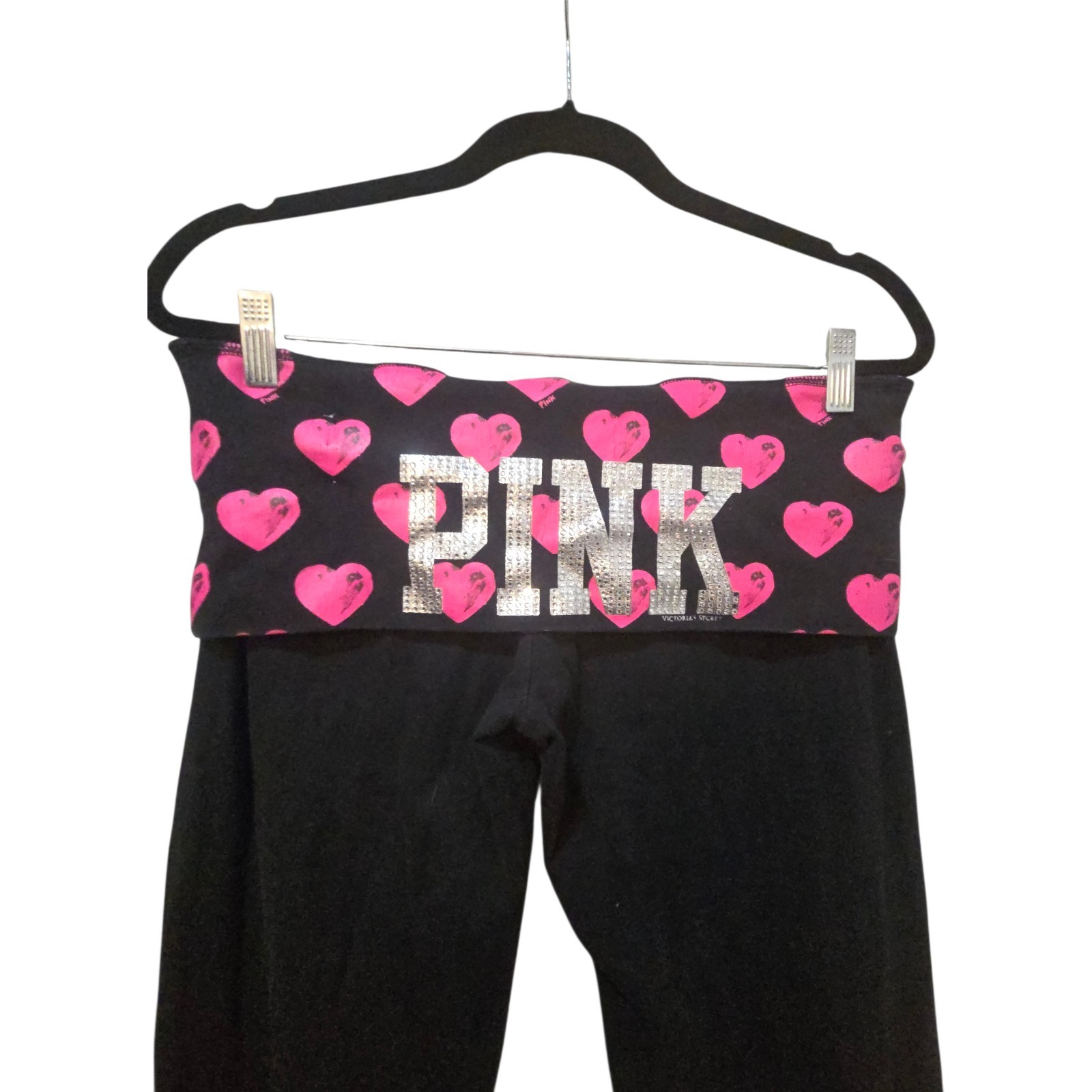 Victoria's Secret VS PINK Vintage Foldover Yoga Pants Flare Polka Hearts L