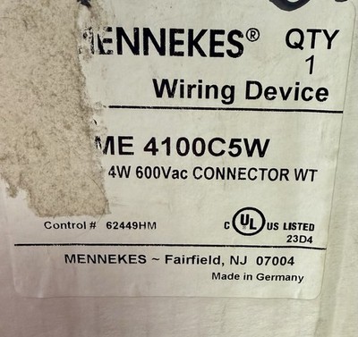 MENNEKES ME 4100C5W Electrical Plug 100A 600V 3P 4W UL Listed Black Gray