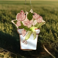 Pink Tulip Flowers in Blue Pot - Indoor/Outdoor 6in Hanging Ceramic Wall Decor