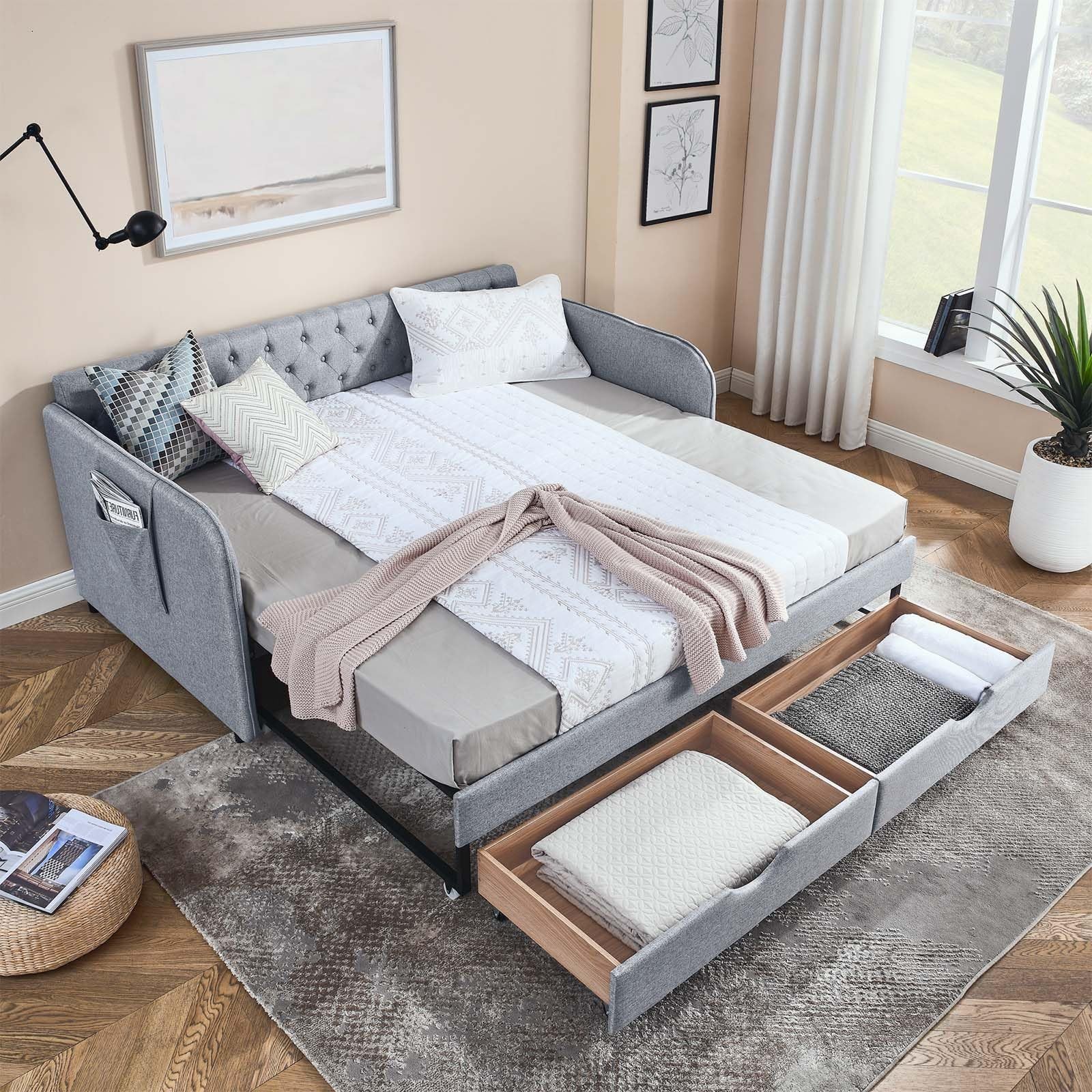 80.5" Daybed with Drawer Modern Button Tufted Linen Day Bed 