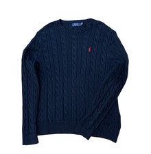 Polo Ralph Lauren Sweater Mens Large Navy Blue Cable Knit Crewneck Classic Pony