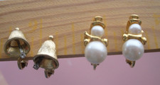 2 pr Vintage Avon Earrings Snowman Clip-On Holiday Pearl Tiny Golden Bells