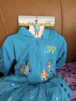 3T Bluey & Bingo Turquoise Girls 3pc Outfit Set Hooded Zip T-Shirt Tulle Skirt